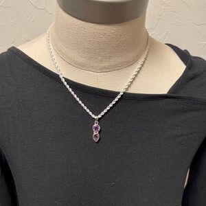 Elegant Sterling Silver and Amethyst Pendant  Rope Chain Necklace